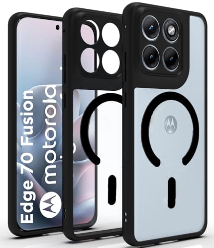 Image of RIGGEAR Shockproof Sleek Hybrid Armor Magnetic Back Cover Case Compatible with MagSafe Accessories for Motorola Moto Edge 70 Fusion 5G (Clear PC + Black TPU Bumper)