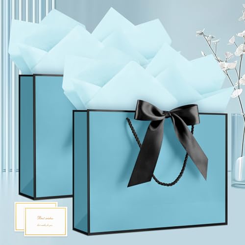 Image of JMANNI Gift Bags with Handles, 13 inch Medium Gift Bag for Presents, 1 Pcs Bags with 2 Tissue Paper and 1 Cards for Graduation Baby Shower Wedding Fathers Day Mother's Day Birthday Party (Bule-Blcak