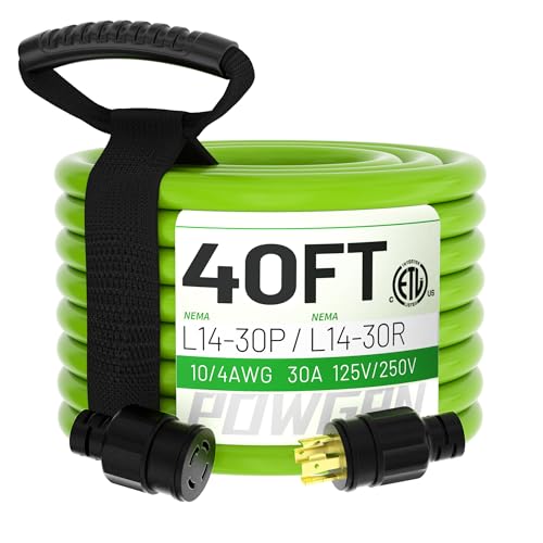 POWGRN 40Feet 30 Amp Generator Extension Cord 4 Prong,Heavy Duty NEMA L14-30P/L14-30R,125/250V 7500W,Green 10 Gauge SJTW Twist Locking Generator to House Power Cords with Cord Organizer,ETL Listed