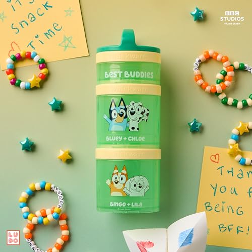 Image of Whiskware Bluey Stackable Snack Containers for Babies, Toddlers, and Kids, 3 Stackable Snack Cups for School and Travel, Cupholder Friendly, Bluey, Chloe, Bingo, and Lila, Best Buddies!