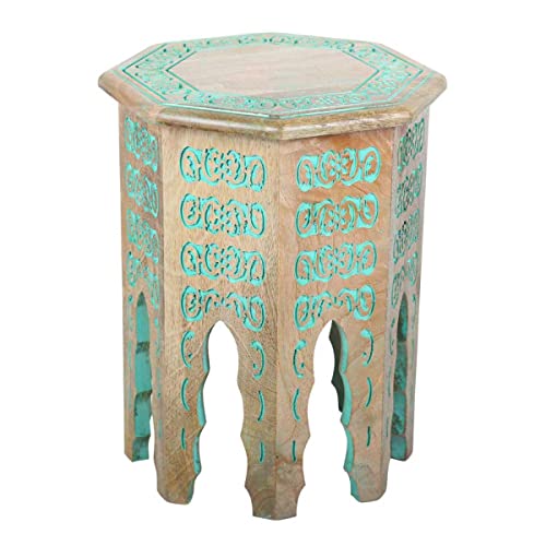 Casa Moro Table d'appoint orientale en bois houda turquoise octogonale en bois massif avec ornements bijoux sculptés à la main comme de 1001 nuit | MAT73
