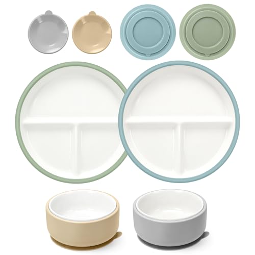 suhunide Porcelain 8.4 Kid Plates and Bowls with Silicone Sleeves Suction | Divided Ceramic Baby Plates Bowls | Microwave & Dishwasher Safe | Non Slip Dinnerware | Snack Dishes | 4 Pack