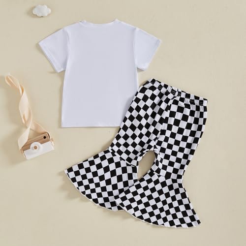Toddler Baby Girl Summer Outfit Race Car Letter Print Short Sleeve T-Shirt Checkered Bell Bottom Pants 2Pcs Set4