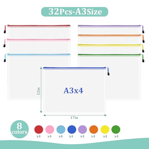Image of Mesh 32pcs Zipper Pouch Bags - A3 Size, 8 Color Mesh Zipper Pouches for Organizing, Board Game, Travel, School & Office