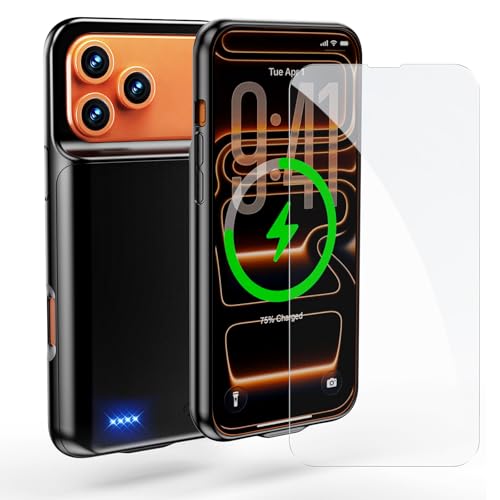 ZIKIHAA Battery Case for iPhone 17 Pro Max (6.9 inch) 2026 Upgraded High Capacity 13800mAh Battery Pack Rechargeable Charger External Charging Case with Tempered Glass Screen Protector Black