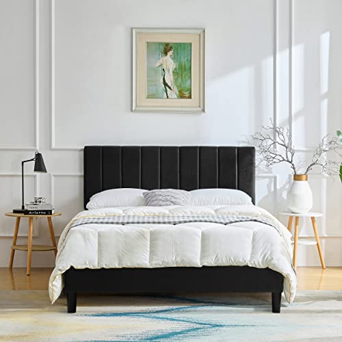 Full Platform Bed Frame Black Velvet Upholstered Bed Frame With Vertical Geometric Adjustable Headboard,Wooden Slats Support,No Box Spring Needed,Mattress Foundation,Easy Assembly,Noise Free Design #TOP5