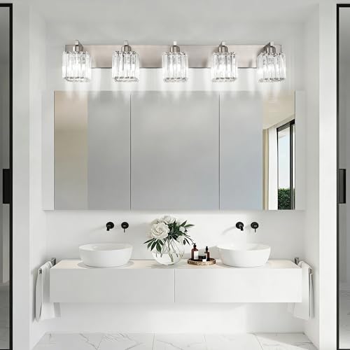 Image of Aipsun Brushed Nickel Bathroom Lighting Fixtures 5 Light Vanity Light Crystal Modern Bathroom Vanity Light (Exclude Bulb)