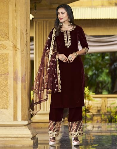 Image of SKYLEE Velvet Embroidery Straight Kurta Set with Dupatta