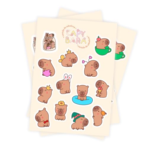 52 Adesivos Capivaras Fofas 4 Cartelas Papelaria Stickers Personalizar cadernos, celular, decoração, papelaria kawaii