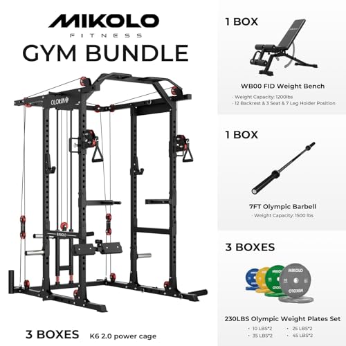Image of Mikolo K6 2.0 Power Cage, Power Rack with Cable Crossover System, 2000LBS Squat Rack with LAT Pull Down System, Functional Trainer with Aluminum Pulley System for Home Gym