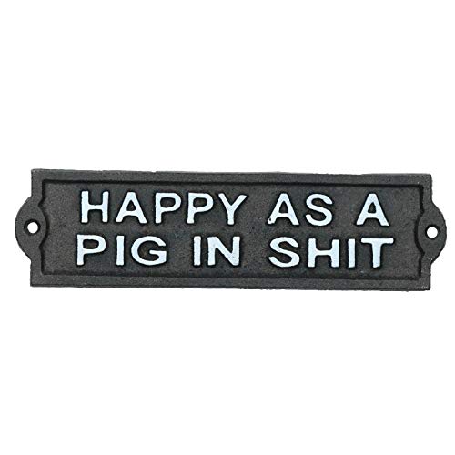 AB Tools Get Goods Cast Iron Happy Pig Sign Black Garden Gate Metal Vintage Novelty Fun Wall Plaque