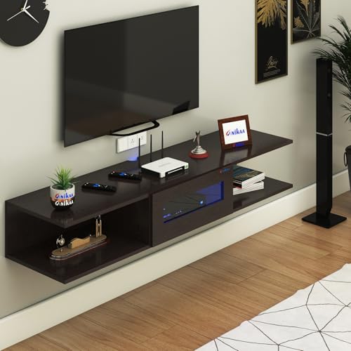 Image of Anikaa Vetra Wall Mount Modern Floating TV Unit for Living Room with Open Shelf Storage Cabinet & Middle Cabinet Blue LED Light (Ideal for 32 to 65 inch TV, DIY Installation, Wenge Finish)