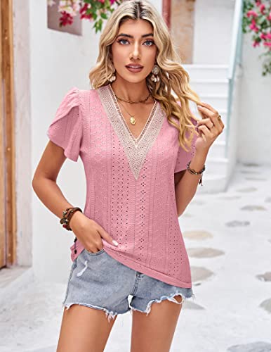 Zeagoo Womens Short Sleeve Tops Casual V Neck Lace T-Shirts Petal Sleeve Shirt Eyelet Pleated Loose Blouses #TOP1
