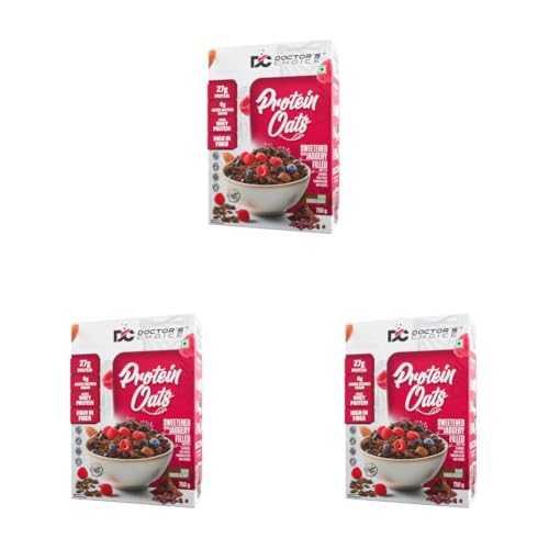 Image of Doctors Choice High Protein Oats 750g | 27g Protein Oatmeal | Dark Choco Berry Flavor | No Added Sugar | Gluten Free | High Fiber Healthy Breakfast Oats (Pack of 3)
