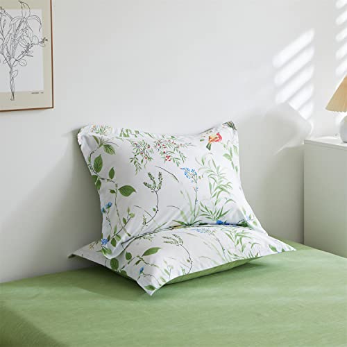 Jeyfull Green Leaves Floral 7 Piece Comforter Set Queen Size Colorful Flowers Birds Bed In A Bag Branch Pattern Printed On White Bedding Set With Sheets And Pillows #TOP6