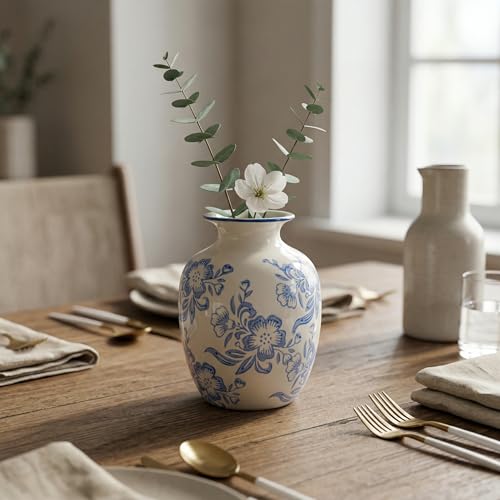 Wancetang Blue and White Chinoiserie Vase for Home Decor- 7 Inch Ceramic Floral Vase for Pampas Grass, Night Stand, Coastal, Kitchen Island, Dining Table Decor
