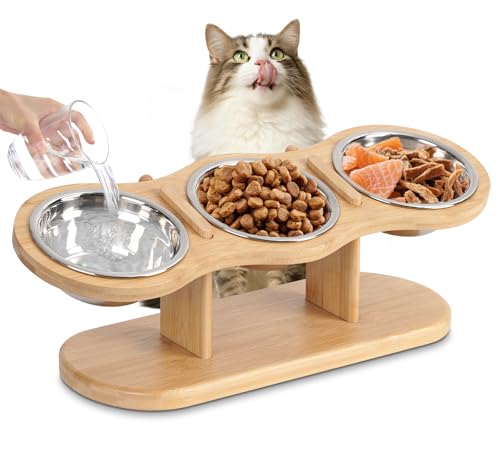 CILXGQLN Elevated Cat Bowls Raised Cat Food Bowls, 15° Tilted Pet Bowls for Cats Puppy Small Dogs, Raised Dog Bowl Stand Feeder Adjustable Dog Cat Food Water Bowls Stand with 3 Stainless Steel Bowls