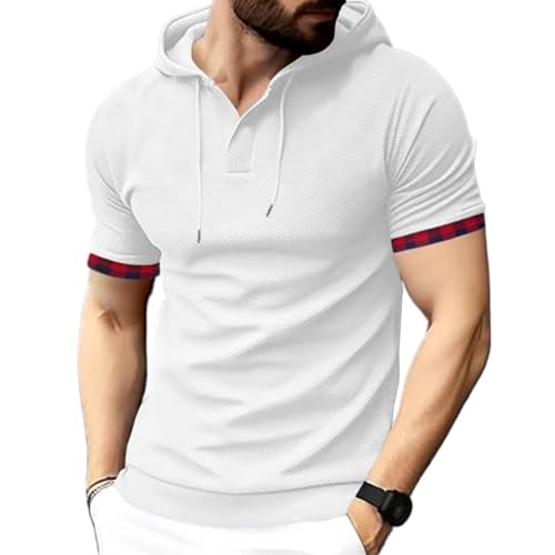Men Color Block Casual Sports Shirts Drawstring Short Sleeve Waffle Hoodie Summer Exercise Thin Slim Pullover Tops (White,Small)