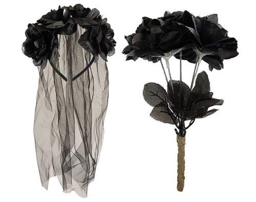 jokeshop Zombie Corpse Bride Set (Veil Headband & Black Dead Roses) Halloween Fancy Dress Accessories