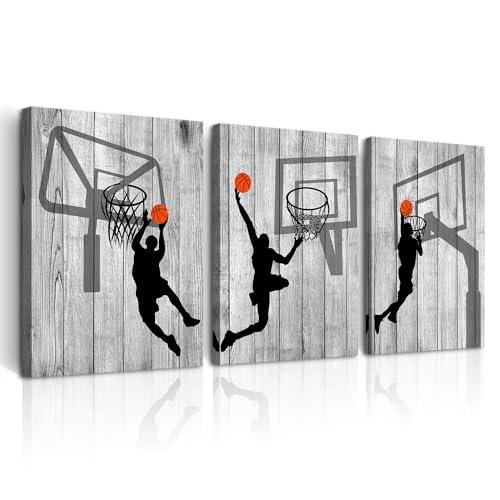 DZRWUBHS Framed Canvas Wall Art For Living Room Boy Bedroom Room Office Wall Decor Black And White Wall Pictures Prints Artwork Play Basketball Sport Wall Paintings Modern Home Decor 12x16 3 Piece