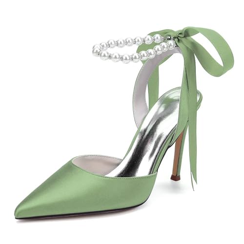 YFTYZYU Women's IN4 Slingback Heels for Women Pearl Stiletto Pointed Closed Toe Heeled Dress Shoes for Bride Wedding Prom Dressy Pumps Sage Green US10