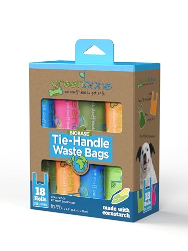 Greenbone BioBase Cat or Dog Poop Bags with Handles Tie 18 Dispenser Rolls - 216 Bags- Large Leak Proof- Pink Green Orange Blue Variety