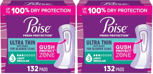Image of Poise Ultra Thin Incontinence & Postpartum Pads with Wings for Bladder Leaks, 3 Drop Light Absorbency, Regular Length, Packaging May Vary,132 Count (Pack of 2)
