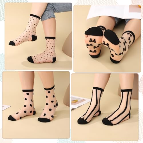 Jspupifip 10 Pairs Sheer Socks Striped Plaid Mesh Dot Bow See Through Transparent Socks for Women Girls2