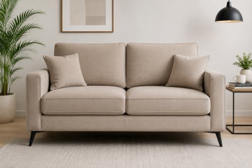 Image of Modern 2 Seater Fabric Sofa for Living Room | Upholstered Loveseat Couch with High-Density Foam Cushions | Durable Wooden Frame & Metal Legs | Comfortable Sofa for Bedroom, Office & Lounge | Beige
