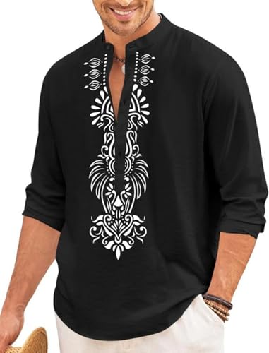 Image of FINIVO FASHION Men's Cotton Blend Short Kurta with Bold Printed Front Design | Full Sleeve Ethnic Casual Kurta with Mandarin Collar | Artistic Festival & Travel Wear for Modern Ethnic Style
