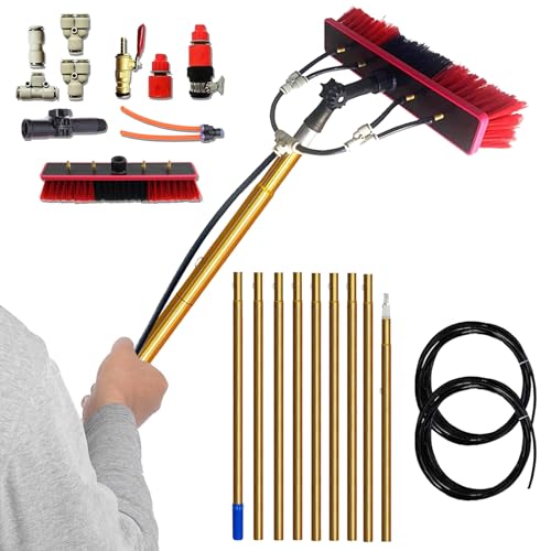 7m 高所掃除ブラシ【KOUBHYJ 金ポール/55cm ブラシヘッド】軽量 玄関 ベランダ掃除 太陽光パネル洗浄ブラシ 家の壁の汚れが取れ 20m PUホース付き 55cmの水穴ブラシヘッド 給水 3-20m オプション 取り外しが簡単 洗浄セット機器 年末の大掃除 セット 超高層ビル/天井/鏡/壁など掃除 業務用