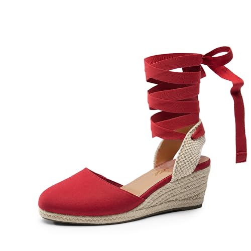DREAM PAIRS Women's Wedge Sandals Platform Close Toe Espadrilles Strappy Lace Up Sandals Cute Fashion Comfortable Dressy Beach Vocation Summer Shoes 7 Red-canvas