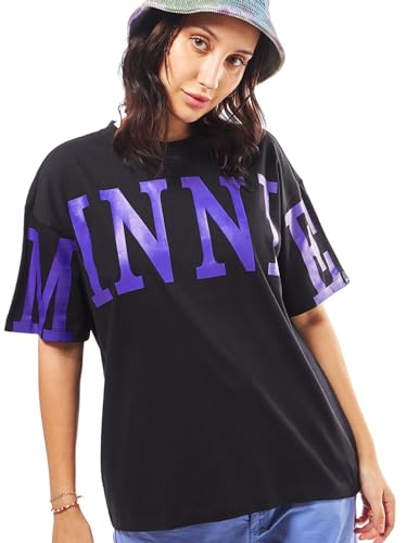 Image of Bewakoof Official Disney Merchandise Minnie Women Graphic Printed Oversized Fit Half Sleeve Round Neck Cotton Jersey T-Shirt