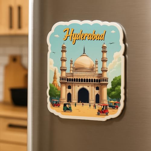 Image of Naxon Hyderabad City Theme Souvenir Wooden Fridge Magnet - 3x3 Inch Stylish Refrigerator Magnet for Kitchen & Home Decor | Travel Souvenir Gift with Charminar Design | Pack of 1