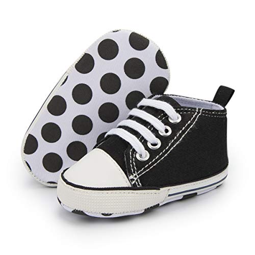 Tutoo Unisex Baby Boys Girls High Top Sneaker Soft Anti-Slip Sole Newborn Infant First Walkers Canvas Denim Shoes (A01-black_New, 12_Months)