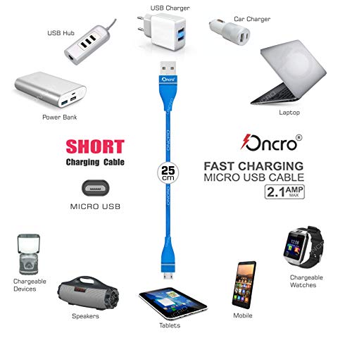 Image of Blue Indestructible Nylon Braided strong power bank cable for Micro USB Android smartphones, short small mini Round cable, charge & sync 2.4A max