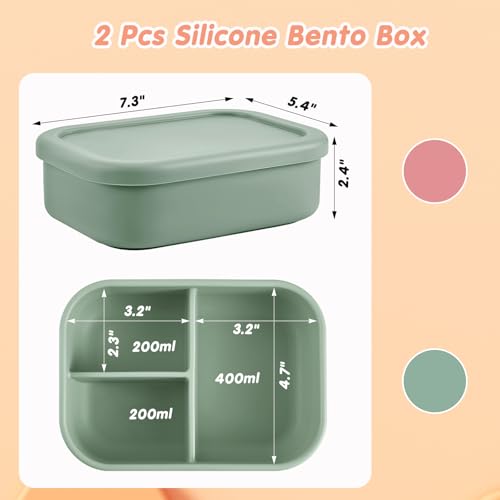 Image of Layhit 2 Pcs Silicone Bento Box for Adults, 27 oz Bento Lunch Container Reusable Food Container for Women Men, Leak Proof Microwave Dishwasher Freezer Safe (3 Compartments,Dark Red,Green)