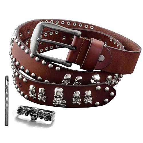 Skull Studded Rivet Genuine Leather Punk Rock Belt Mens Waistband Brown/black (Brown,120cm)