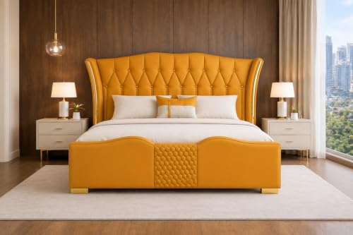 Image of Upholstered King Size Bed with Box Storage for Bedroom | Wooden Double Bed with Wooden Ply with Storage | Platform Cot Palang with Headboard | 6.5 x 6 Ft | Sheesham Wood | Golden