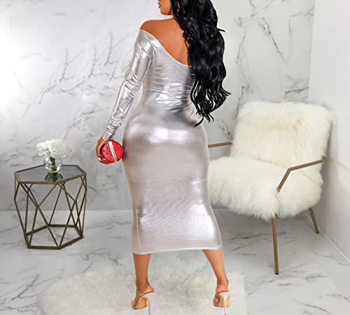 Zonjie Elegant Silver Dress For Women Sexy Backless Long Sleeve Casual Bodycon Long Formal Sparkle Glitter Party Club Dress #TOP3