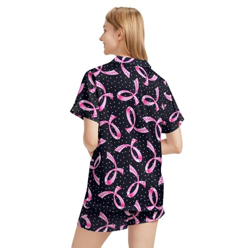 Image of Funny Pajamas for Women Set Print Satin Loungewear Pjs Short Sleeve Button Down Top and Shorts Sets Sleepwear XS-3XL