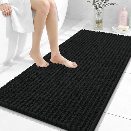 Image of OLANLY Long Bathroom Rugs Runner 47x24, Thick Soft and Absorbent Chenille Bath Mat, Non-Slip, Machine Washable Quick Dry Bath Rugs for Tub Shower Floor, Home Decor Accessories, Black