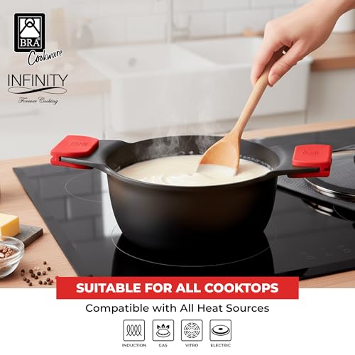 Image of BRA COOKWARE Infinity Nonstick Stock Pot w /Glass Lid | 8 Inch 2.8 Quart Cast Aluminum Cooking Pot | PFOA /PFAS Free Deep Pot | All Cooktops (incl Induction) | Removable Silicone Handle