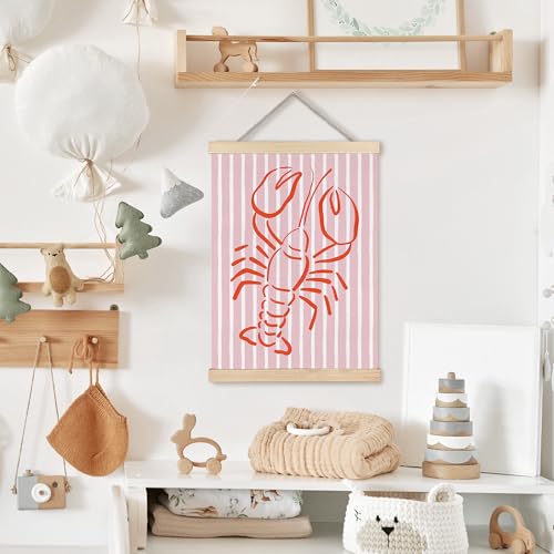 Image of PQKIY Trendy Red Lobster Coastal Wall Art Poster Hanger Frame 12x16 in, Summer Nautical Beach Seafood Pink Striped Wall Decor Canvas Prints for Home Kitchen Dining Room