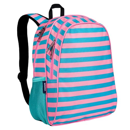 Image of Wildkin 15 Inch Backpack for Kids, Pink Stripes | Ages 5-10, padded straps, side water bottle pocket - coordinates with matching Wildkin lunch boxes