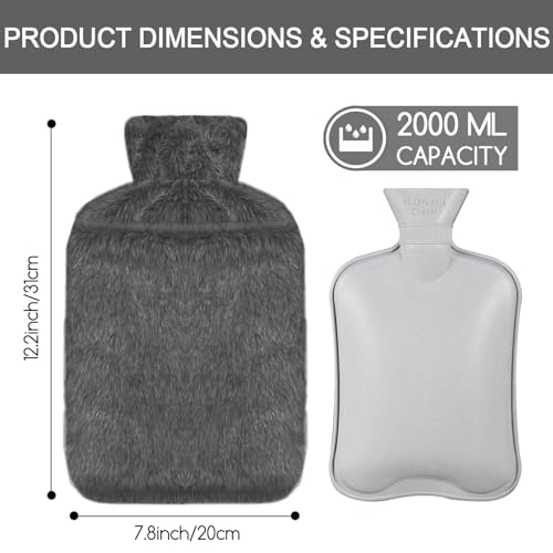 Jsdoin Hot Water Bottle with Luxury Cosy Faux Fur Cover UK, 2L Leakproof Hot Water Bag for Neck, Shoulder Pain and Hand Feet Warmer (Darkgrey) - Image 2