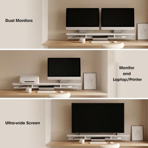 Image of Fenge 42.5 inch Dual Monitor Stand with Clear Acrylic Legs, White | Clear acrylic, storage compartment, 2-tier home office monitor riser, wide large desktop shelf fit monitor /laptop /printer