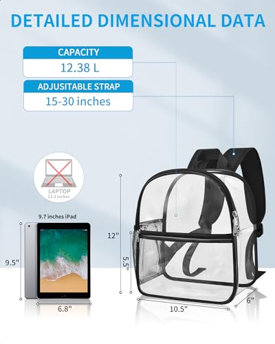 paxiland clear backpack stadium approved 12126 with reinforced and wider shoulder straps small clear bag for schools concerts work festivals and sporting events - black