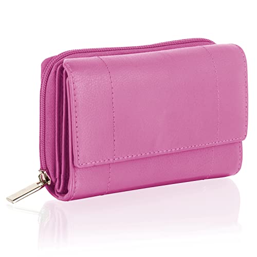 Woodland Leathers Purses for Women, Real Leather RFID Protection Small Purse Wallet with Card and Zip Coin Pockets (Fuchsia)