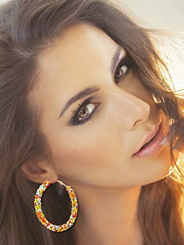 6 Pairs Bohemian Beaded Hoop Earrings Women Colorful Handmade Large Circle Dangle Drop Earrings For Women Girls(Cute Colors) #TOP3